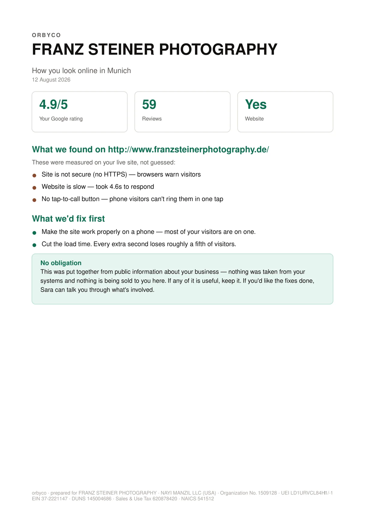A branded one-page report with the business's rating, faults and what to fix first