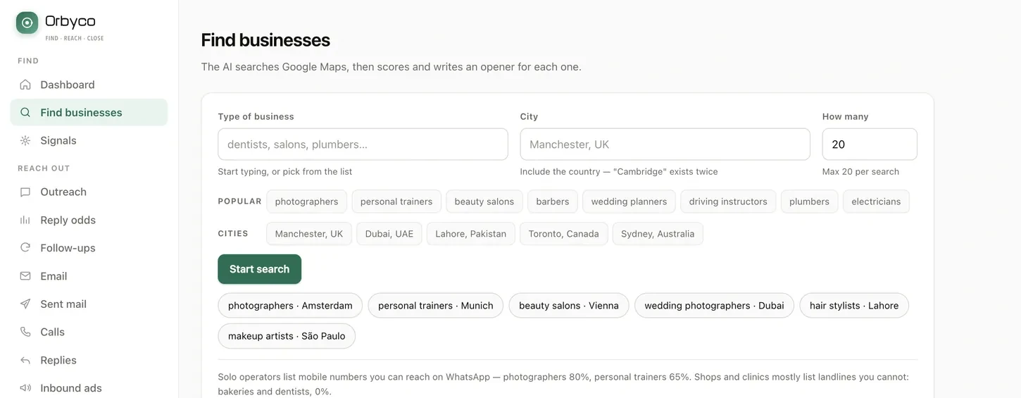 Actual Orbyco software: Find businesses
