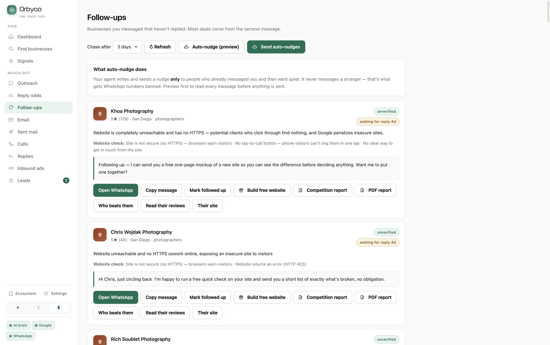 Businesses waiting for a reply, each with what is broken on their site and the nudge already written
