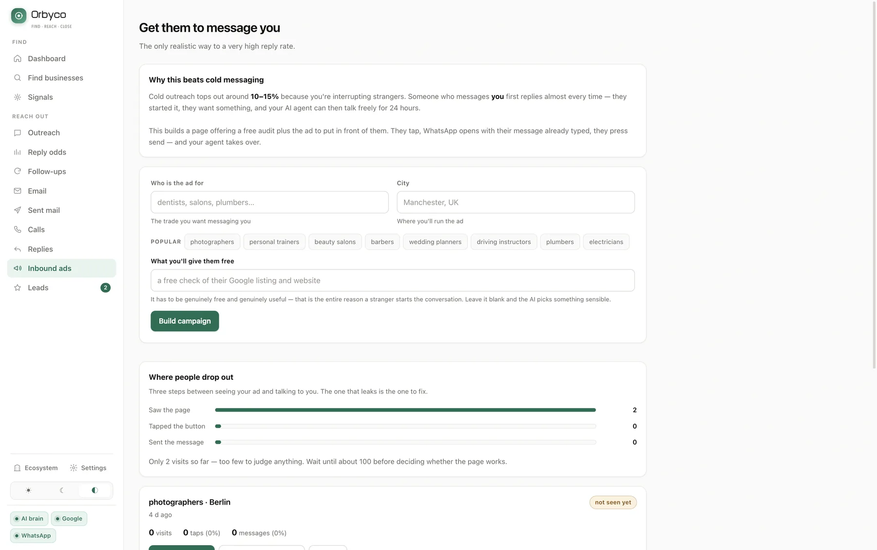 Landing page builder, ad copy and the drop-out report