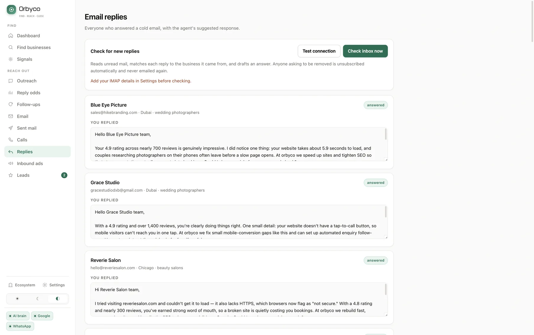 Replies matched back to their business, each with a drafted answer